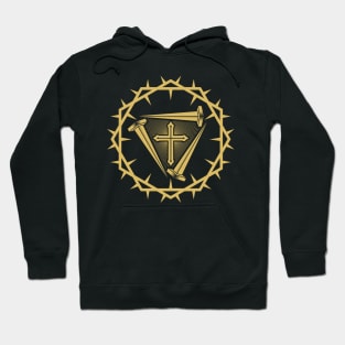 The cross of Jesus and the nails of the crucifix are framed with a crown of thorns. Hoodie